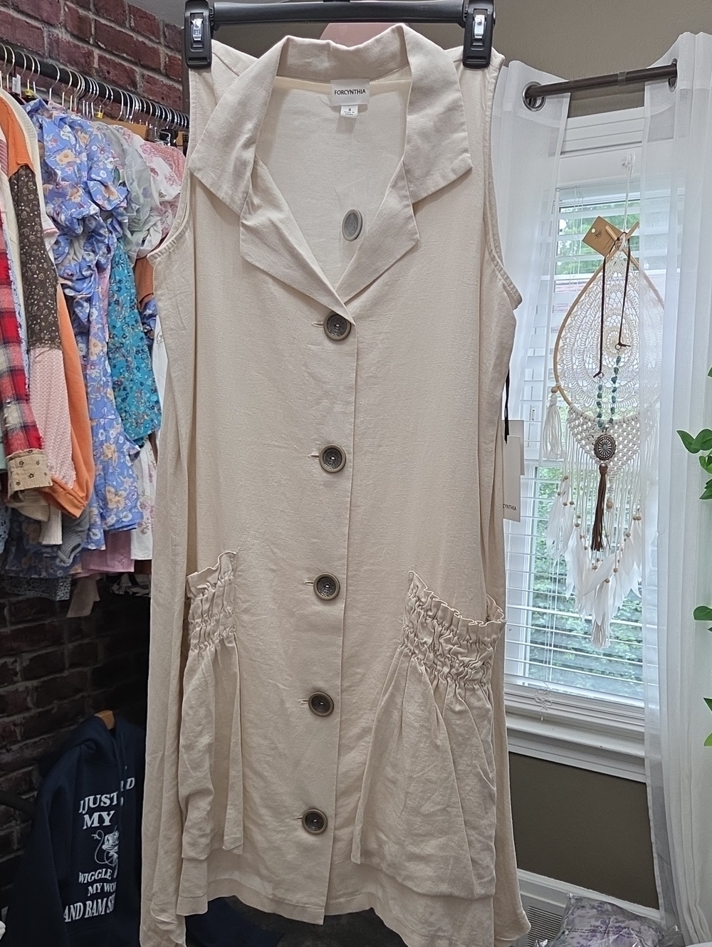 For Cynthia Cream Button-Front Linen Blend Tunic